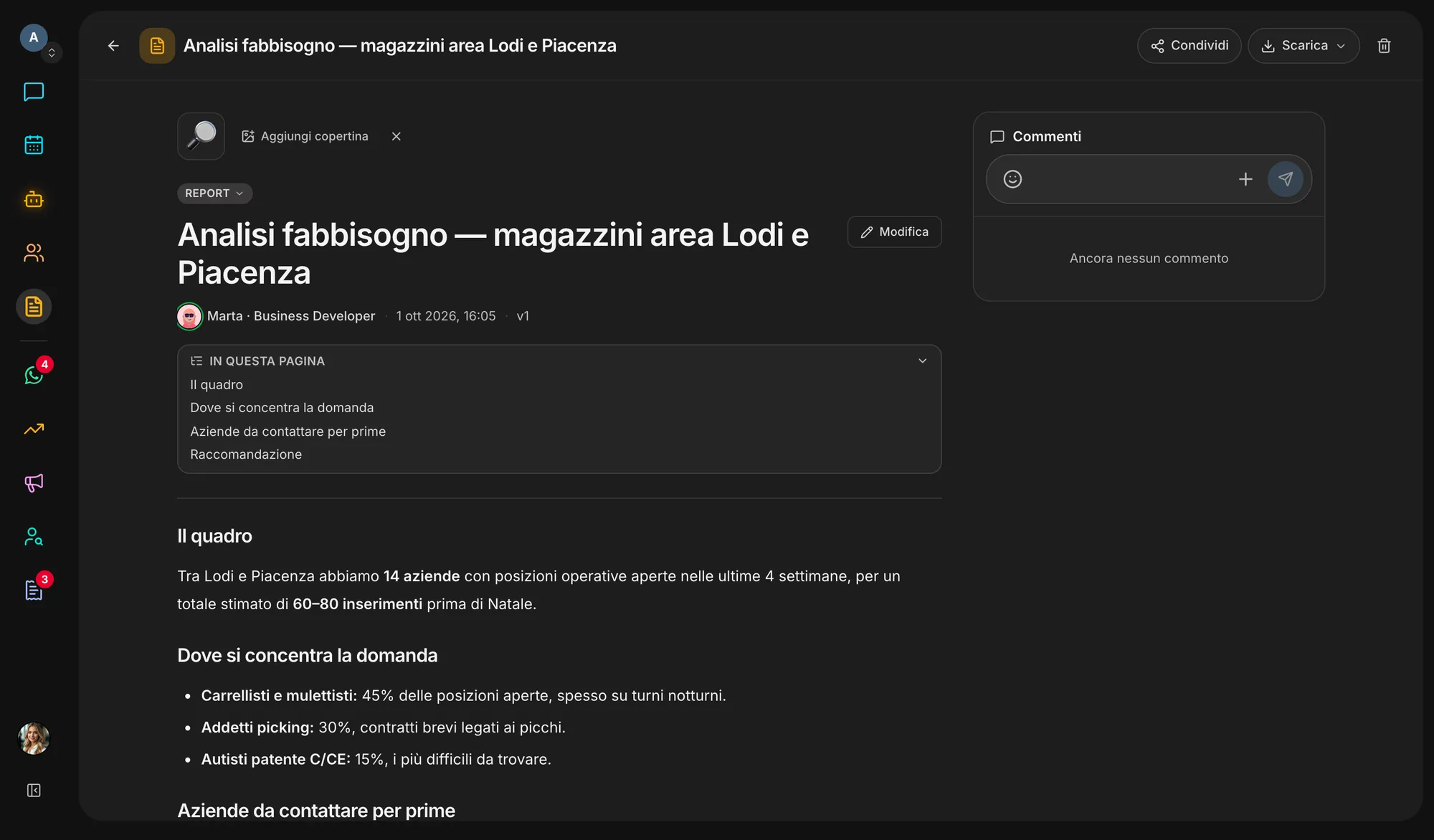 A report written by an agent, with contents, versions and comments.