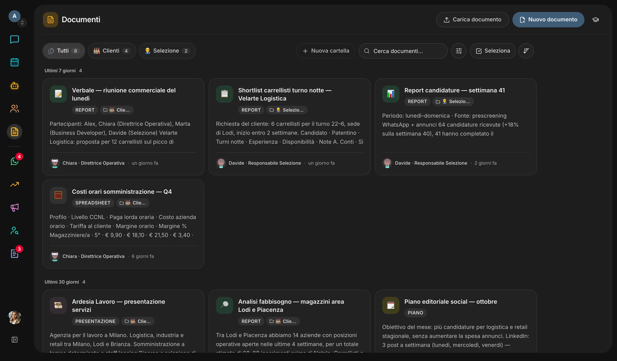 Team and agent documents by folder: reports, decks, minutes.