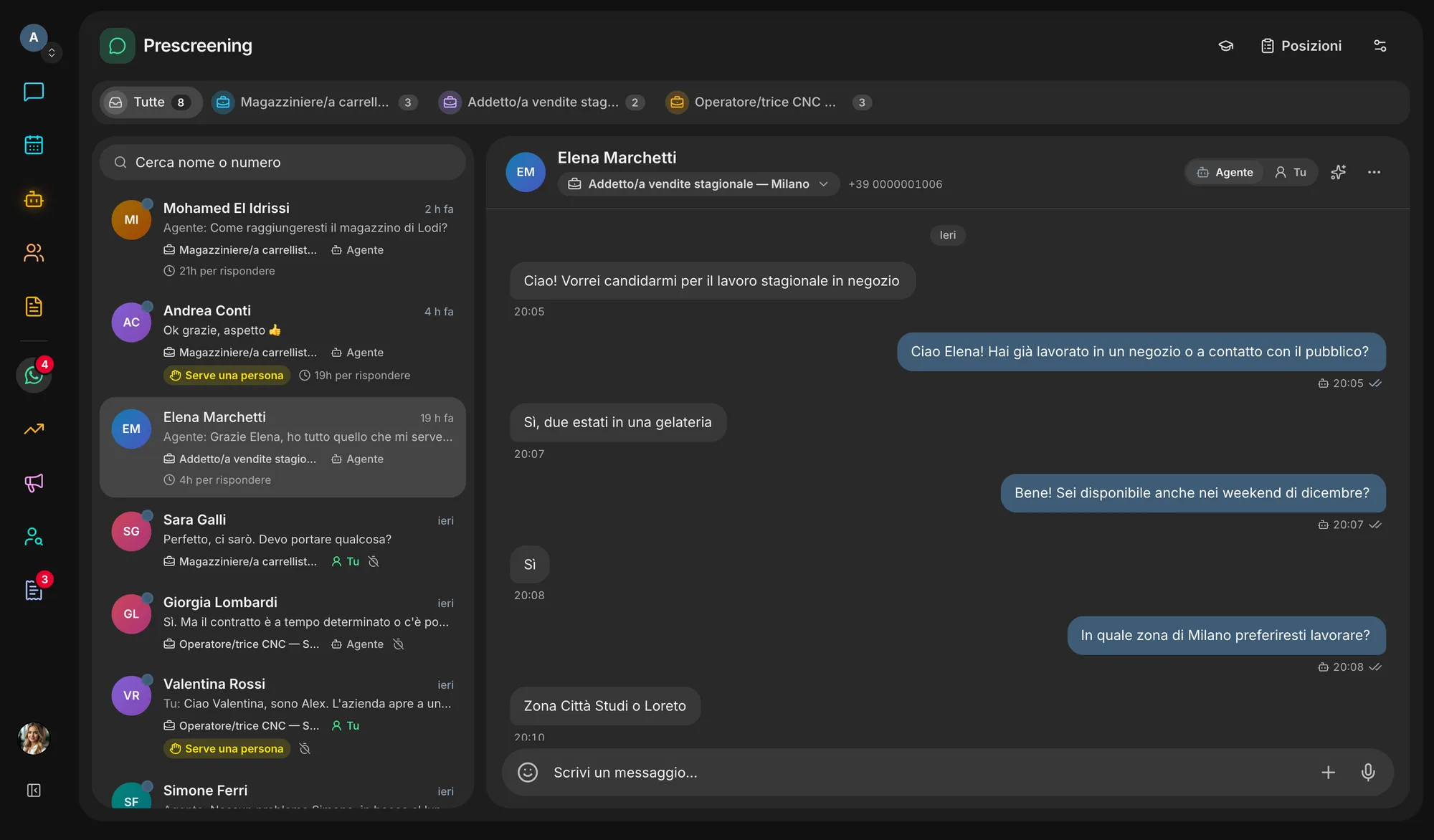 Les conversations WhatsApp par poste : l’agent pose les questions, vous intervenez quand c’est nécessaire.