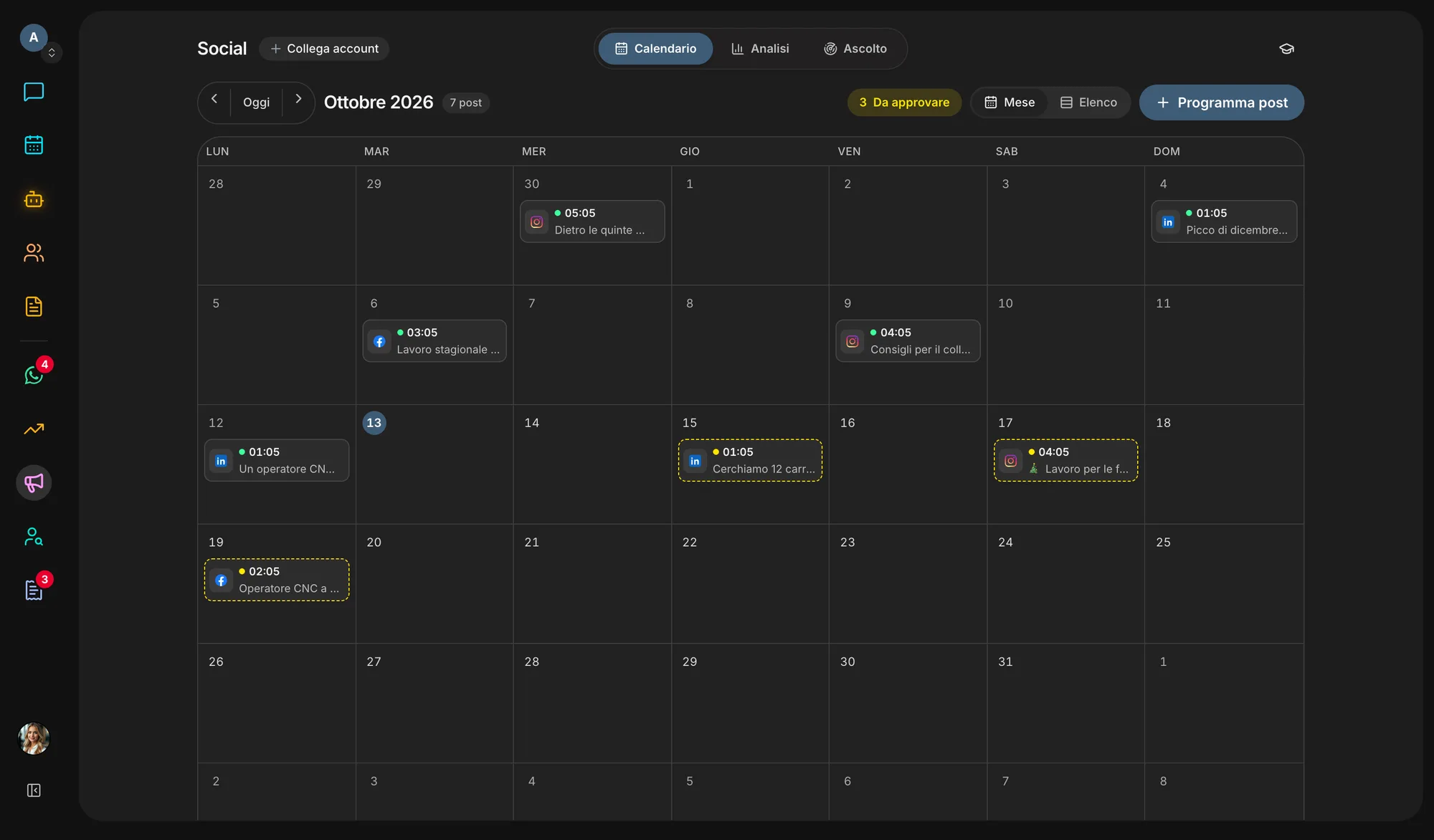 The month’s calendar: published posts and agent-written ones waiting for approval.