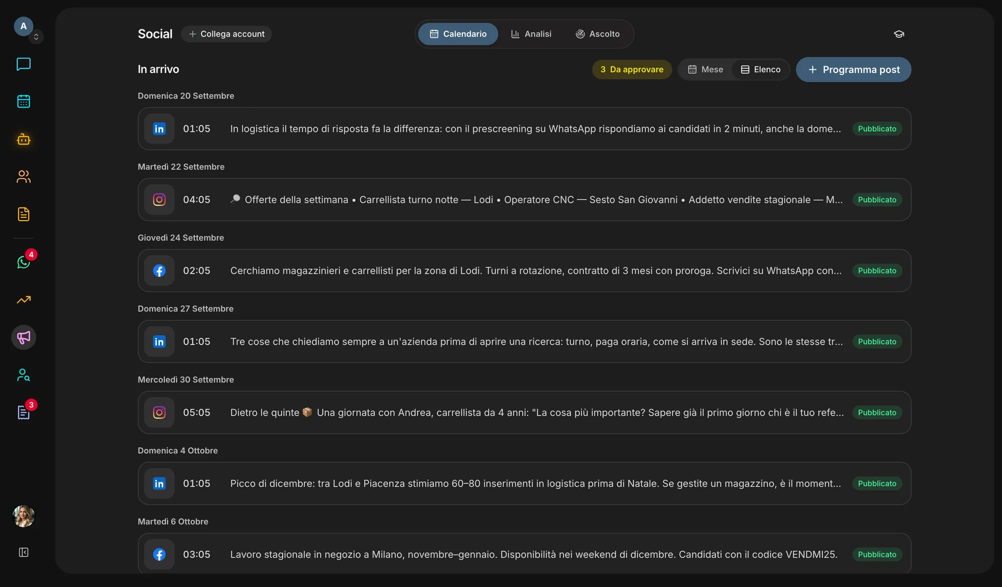 Posts listed day by day, with network and status.